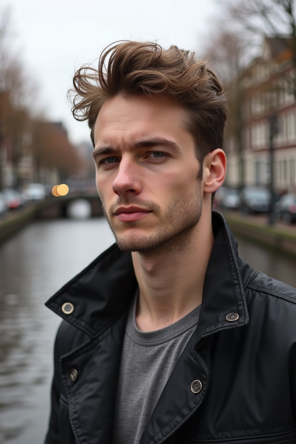 man in Amsterdam with the Amsterdam Canals in background