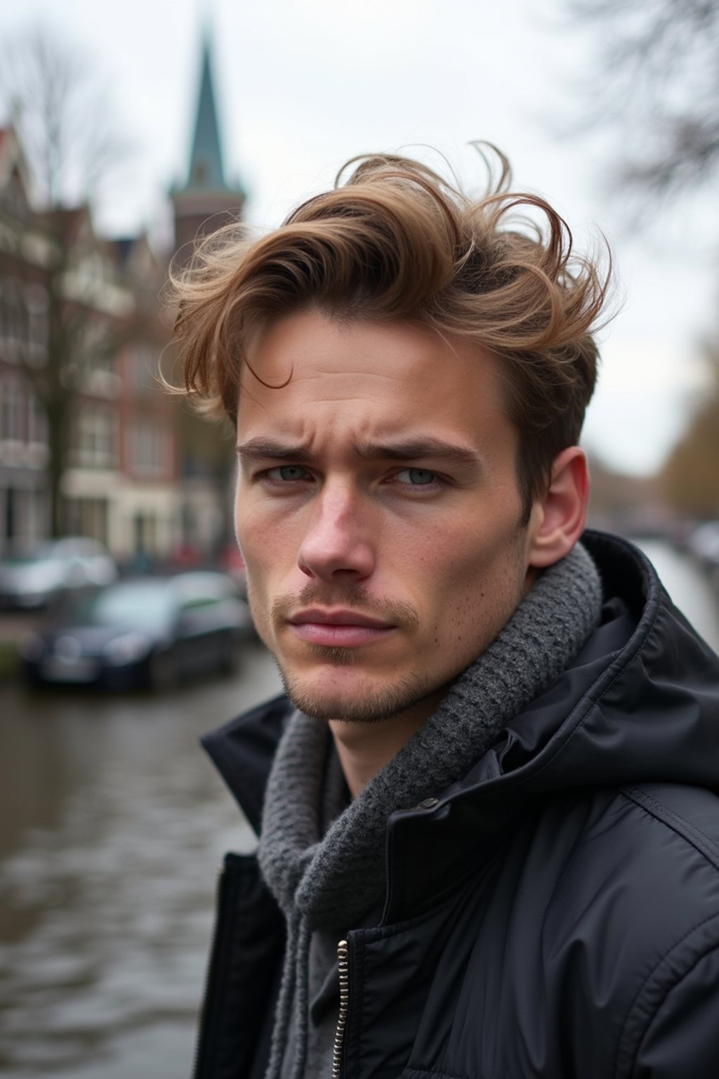 man in Amsterdam with the Amsterdam Canals in background