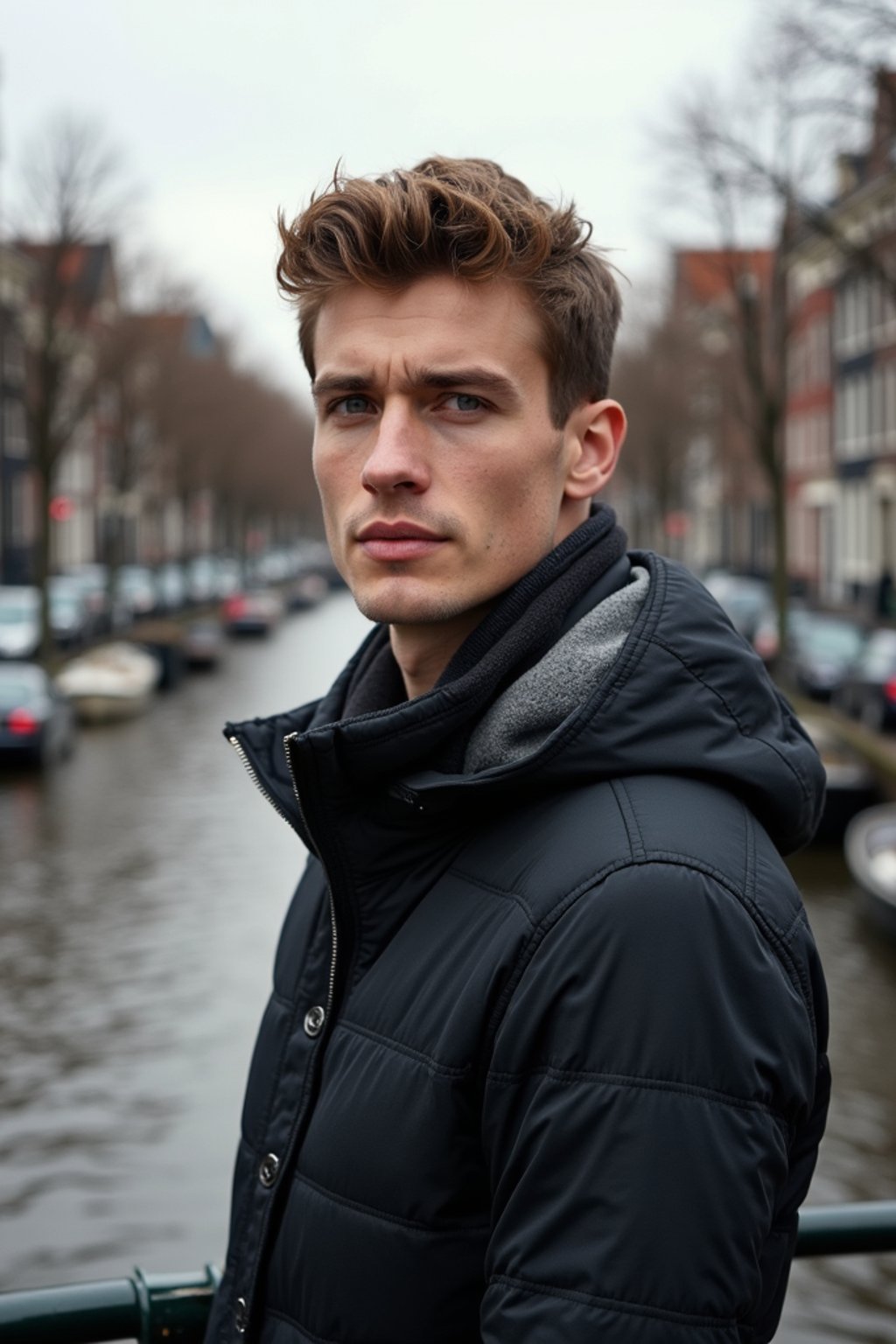 man in Amsterdam with the Amsterdam Canals in background