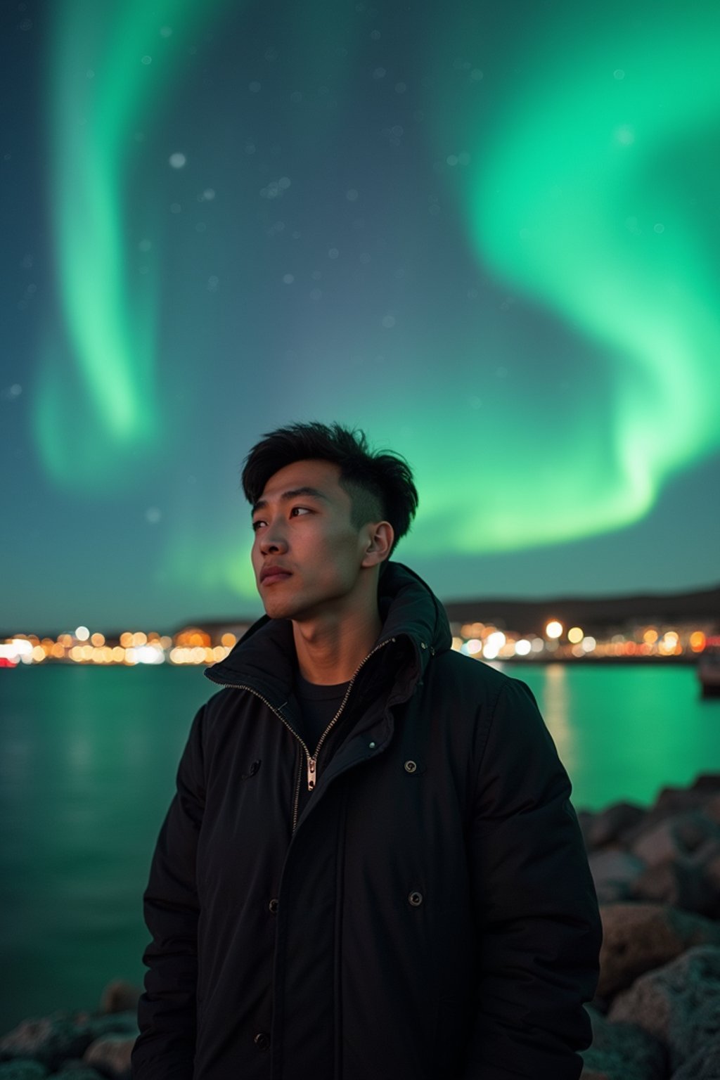 man in Reykjavik with the Northern Lights in the background