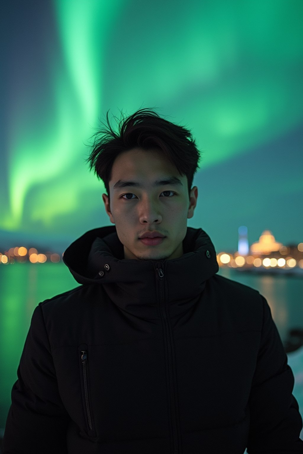 man in Reykjavik with the Northern Lights in the background