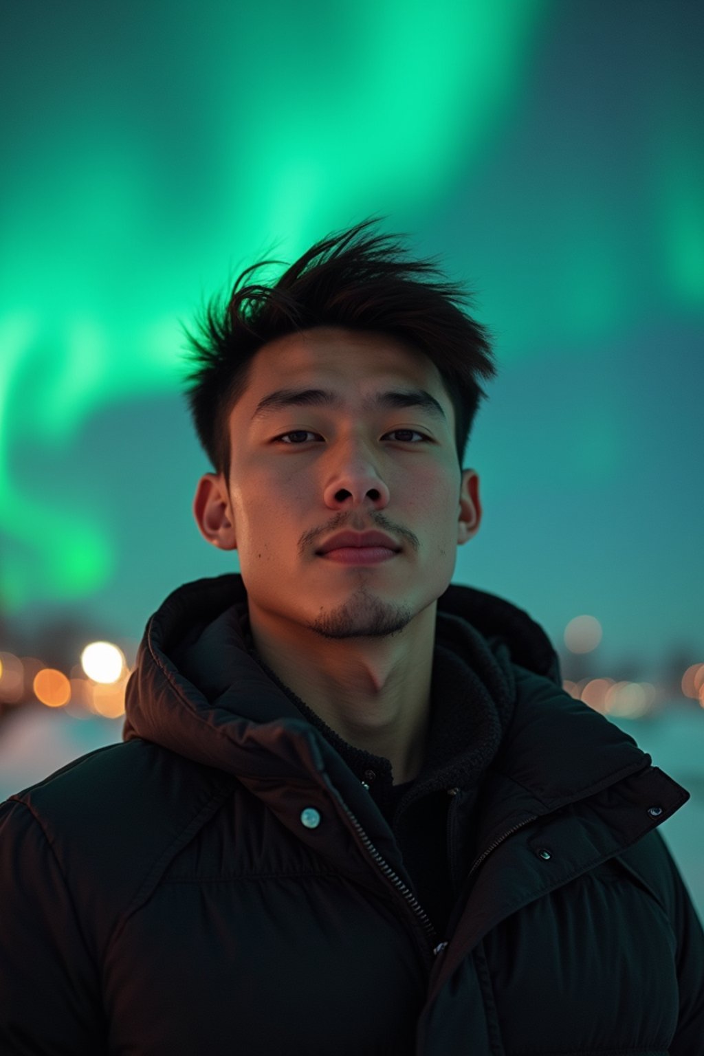 man in Reykjavik with the Northern Lights in the background