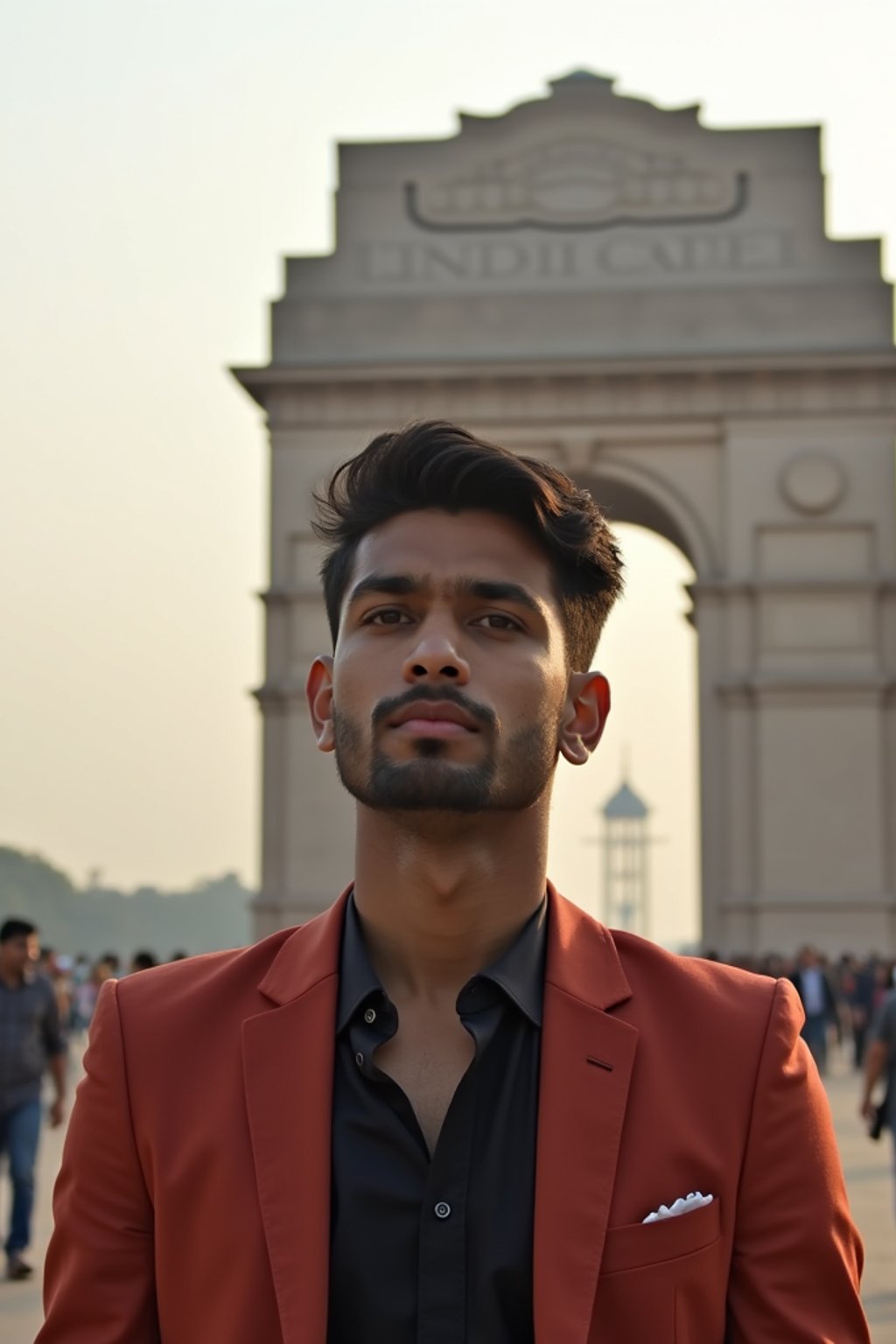 man in Delhi with the India Gate in the background