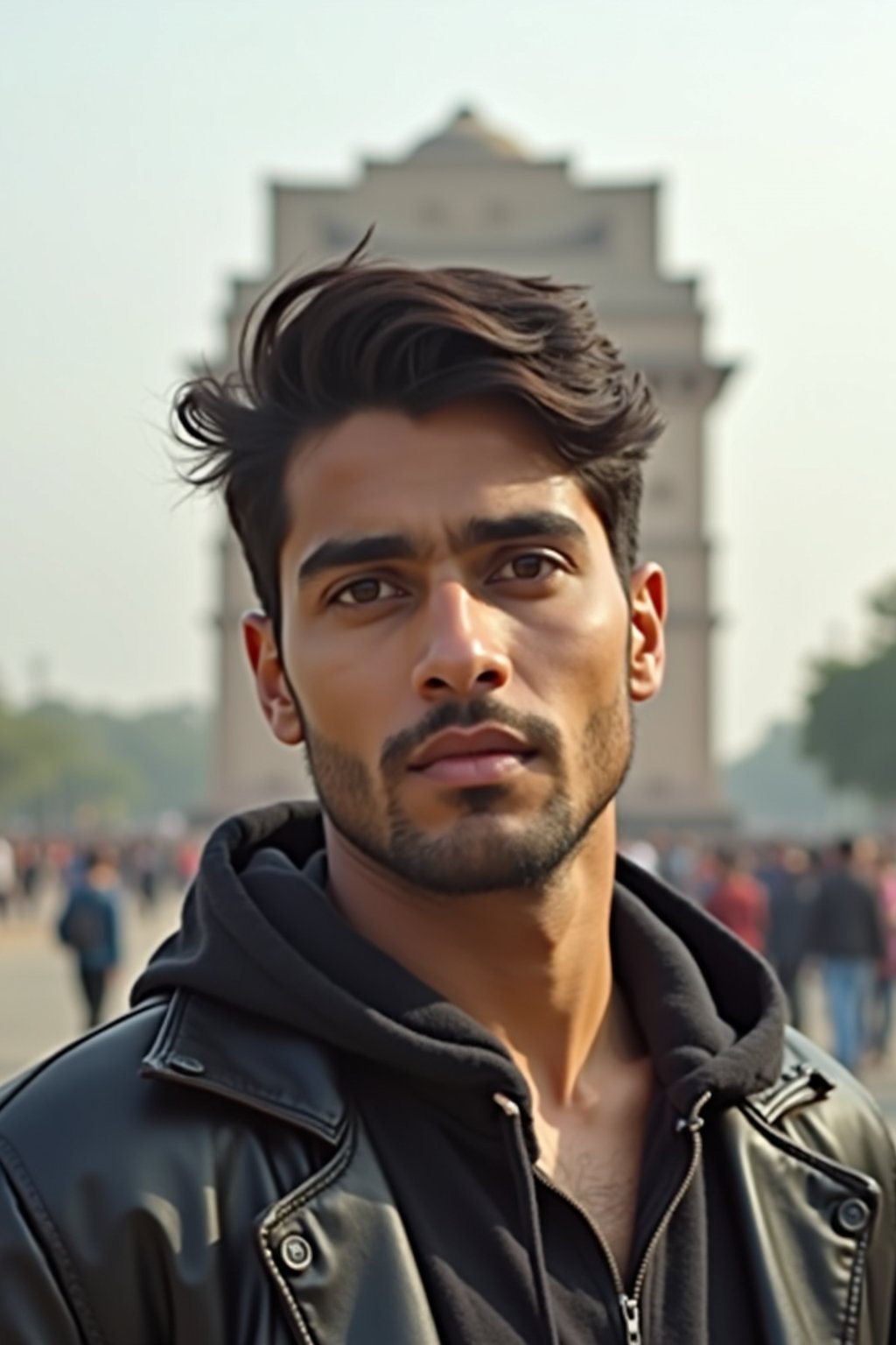 man in Delhi with the India Gate in the background