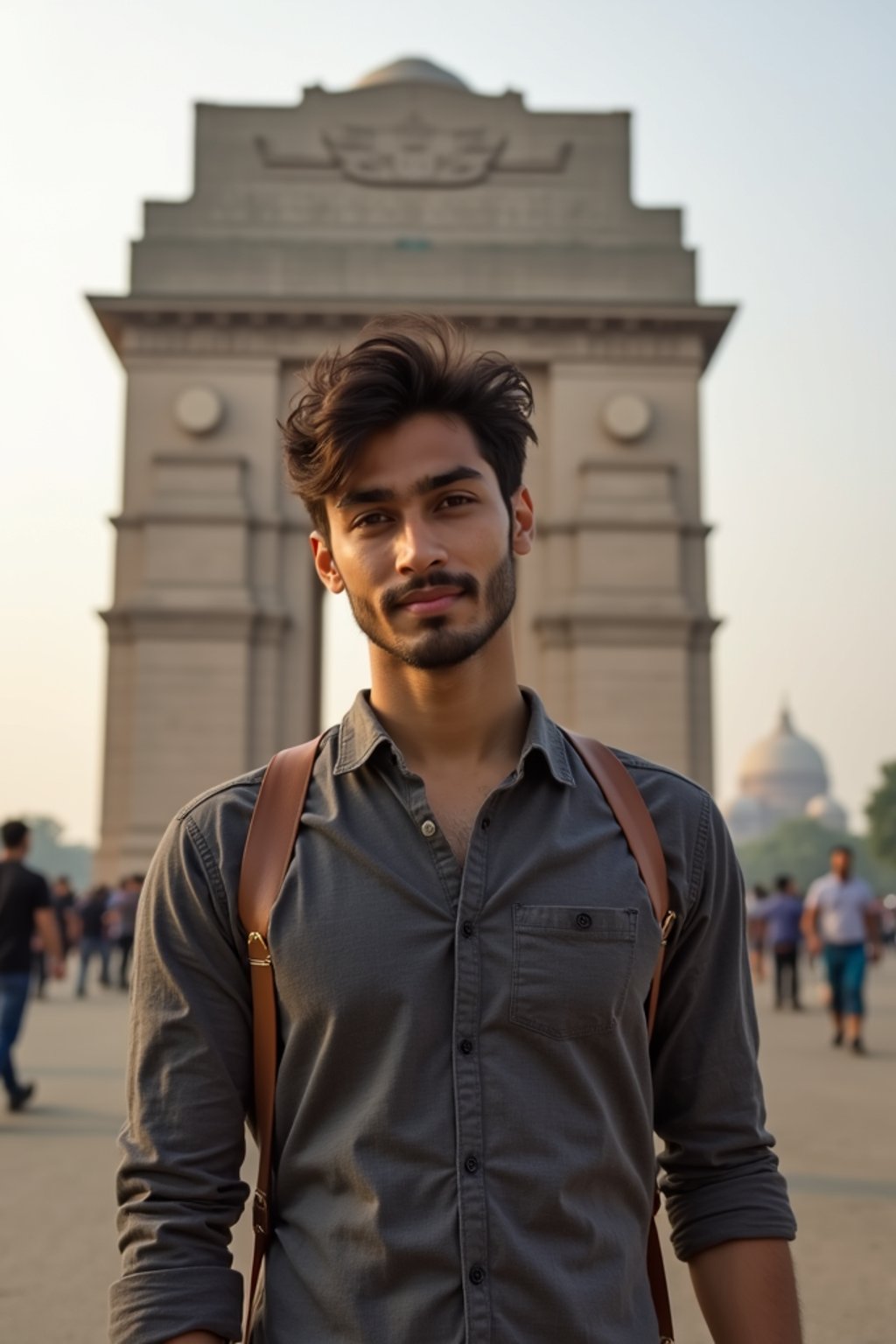 man in Delhi with the India Gate in the background