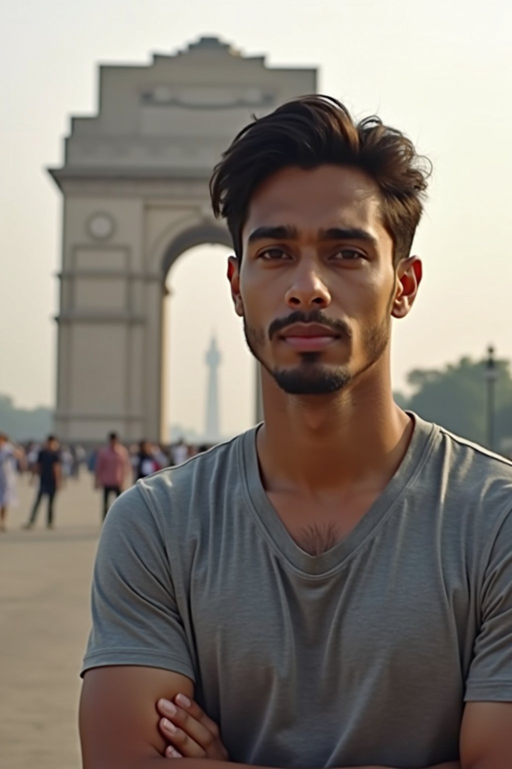 man in Delhi with the India Gate in the background