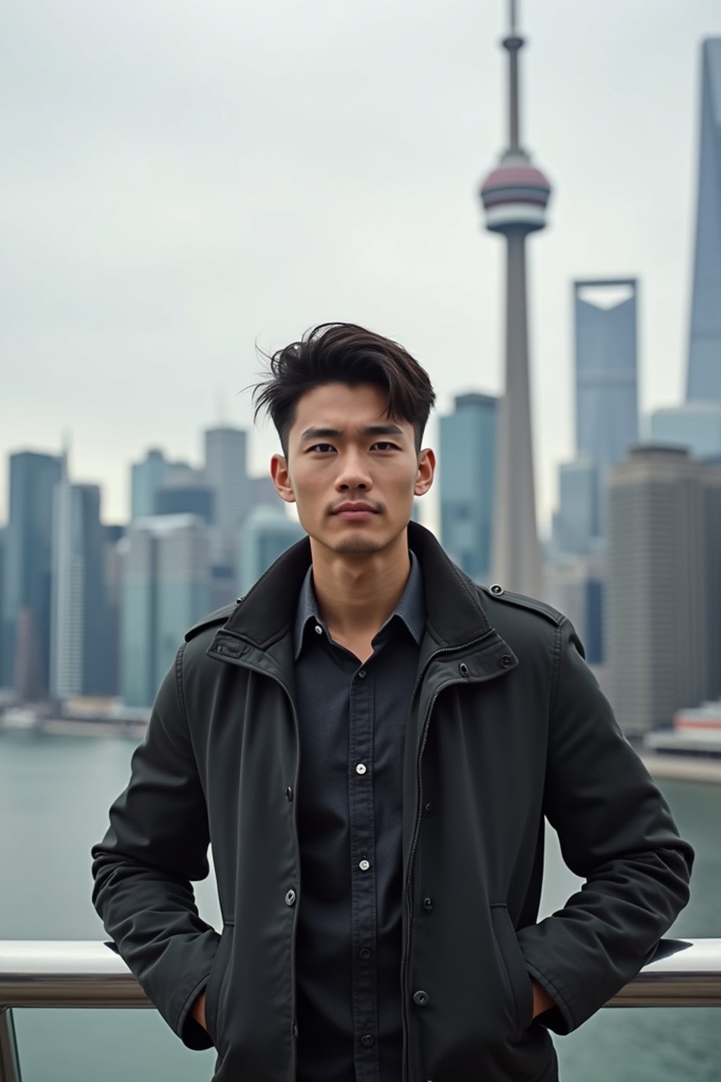 man in Toronto with the CN Tower in the background