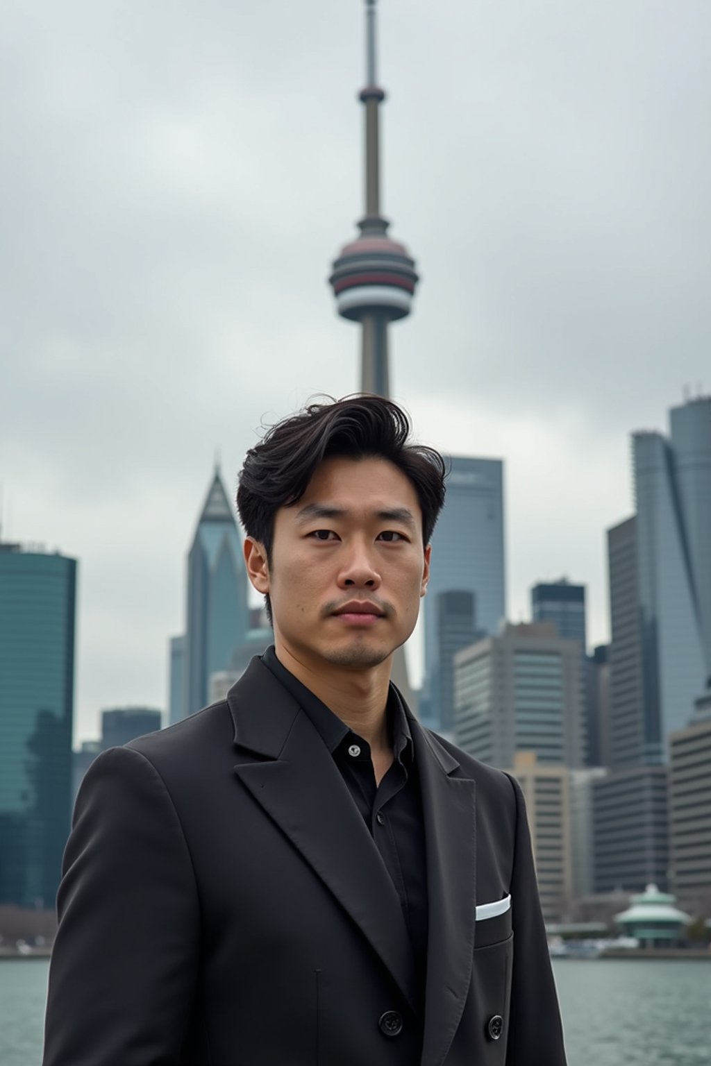 man in Toronto with the CN Tower in the background