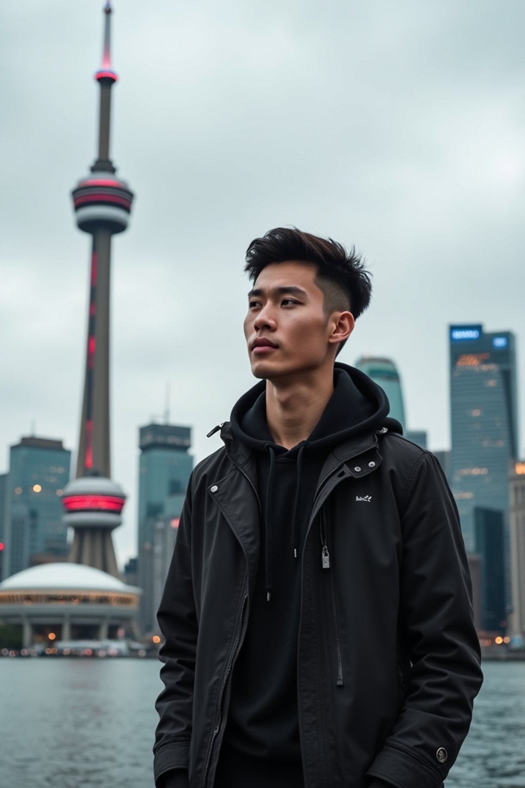 man in Toronto with the CN Tower in the background