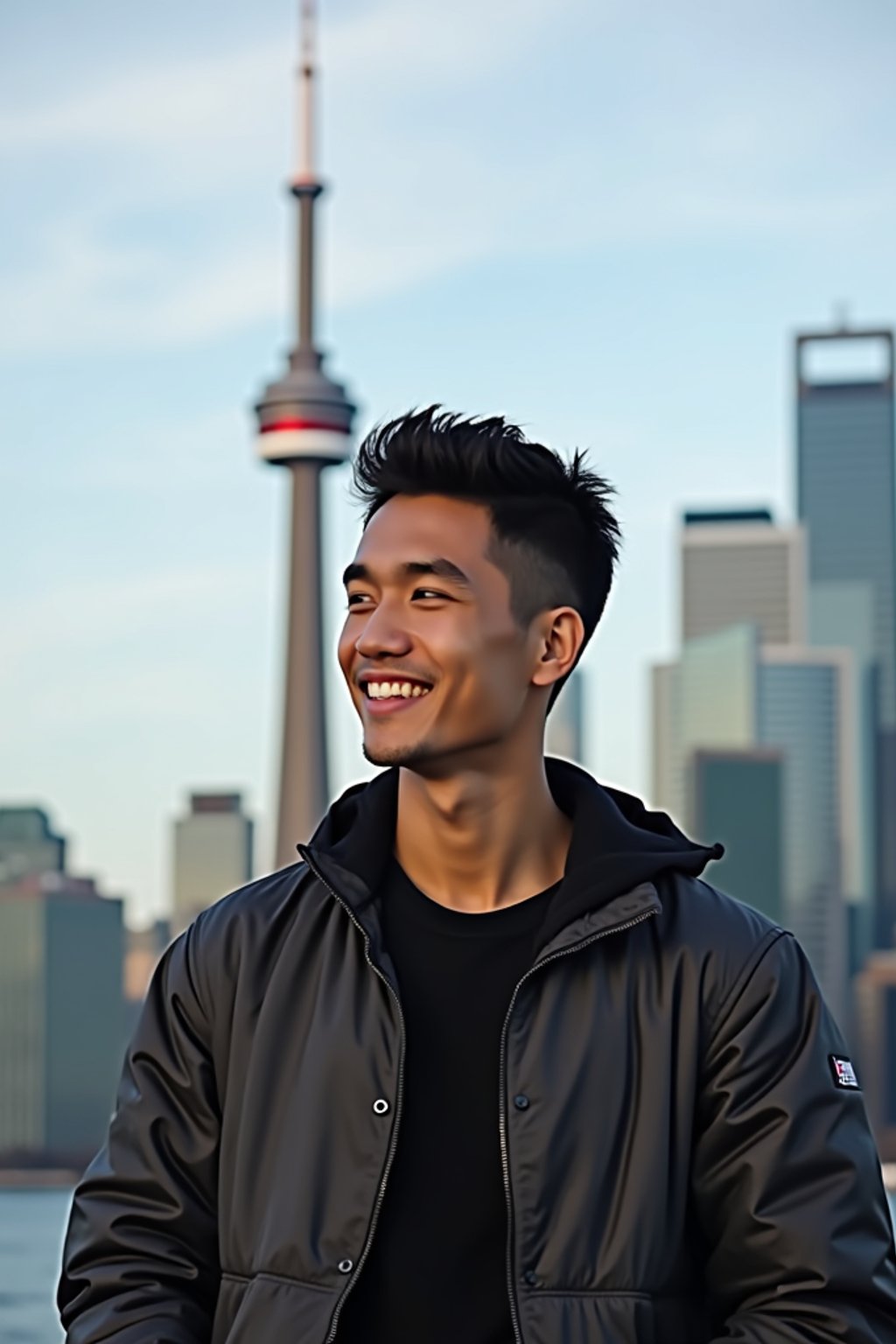 man in Toronto with the CN Tower in the background