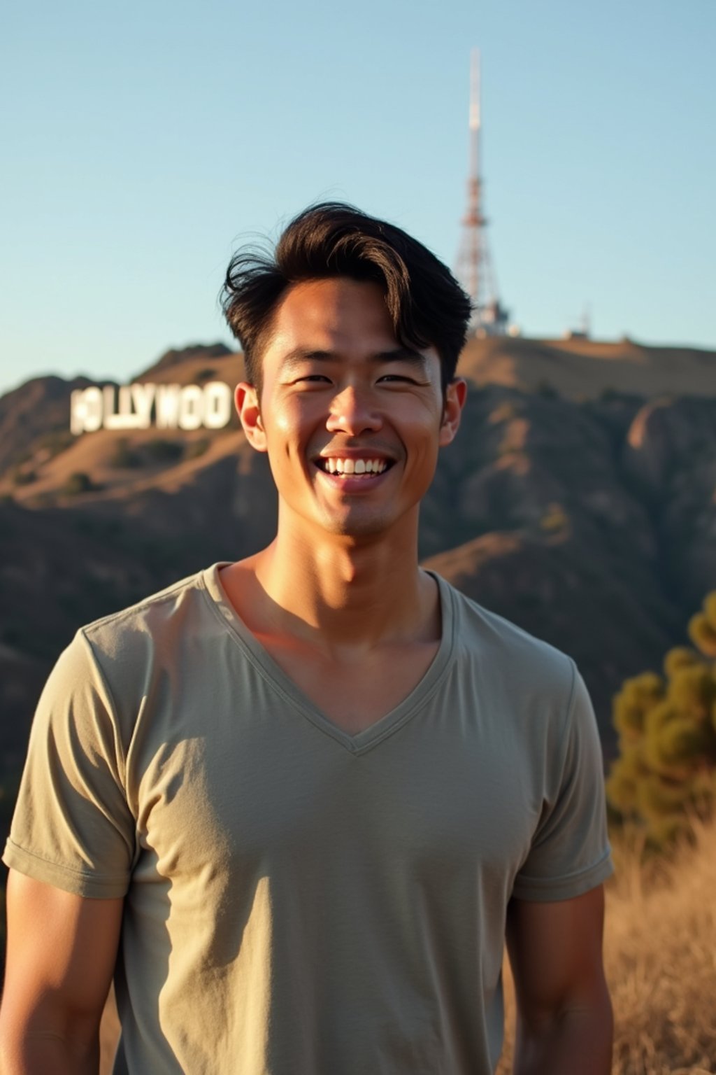 man in Los Angeles with the Hollywood sign in the background