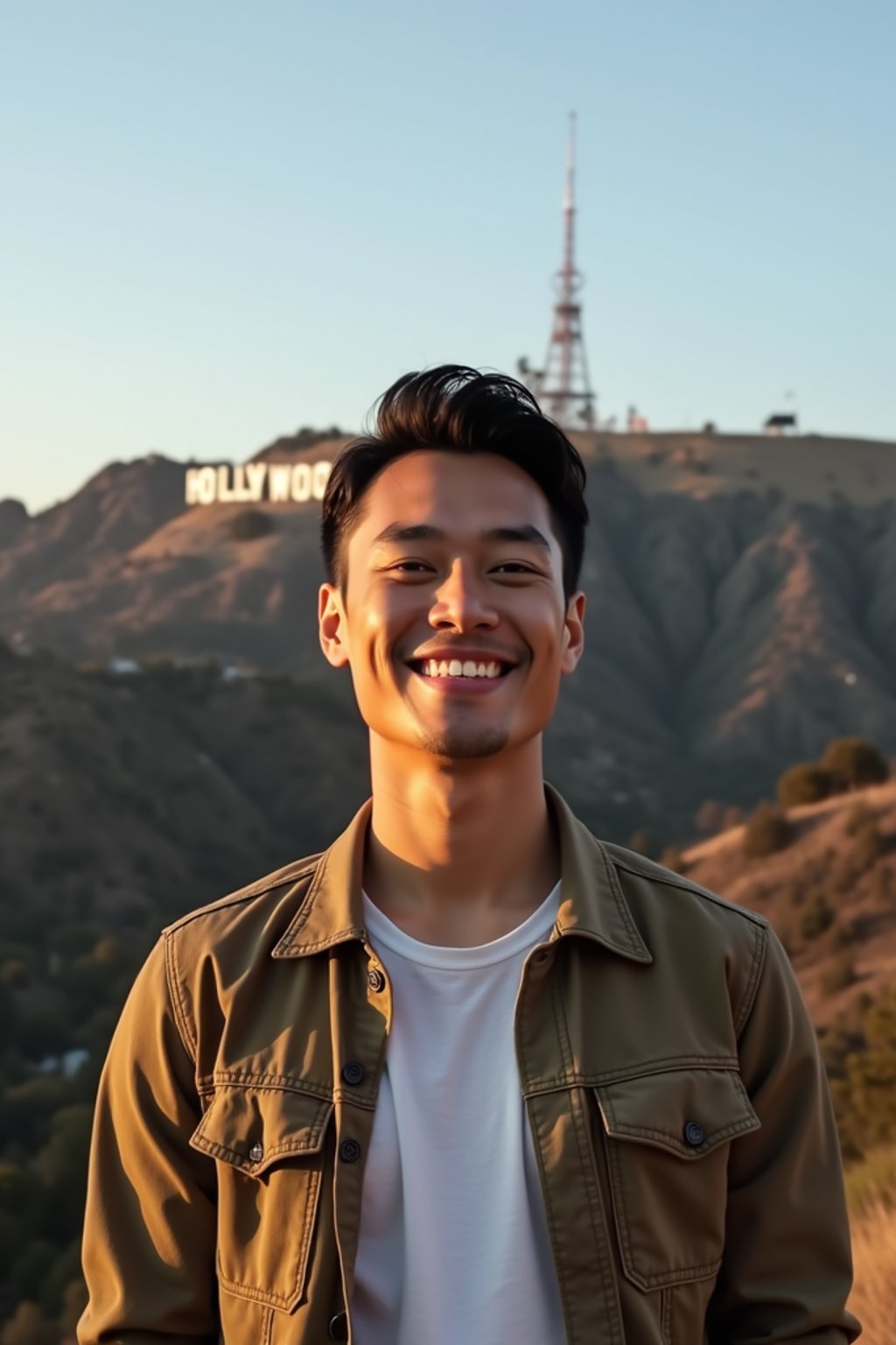 man in Los Angeles with the Hollywood sign in the background