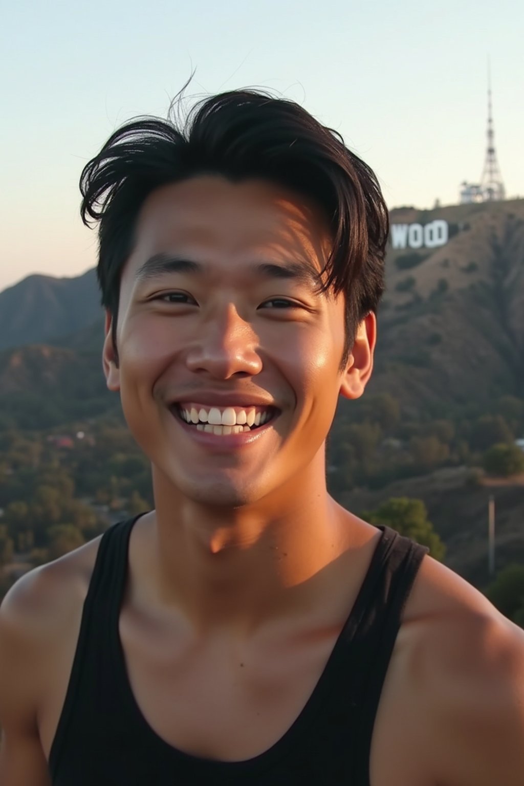 man in Los Angeles with the Hollywood sign in the background