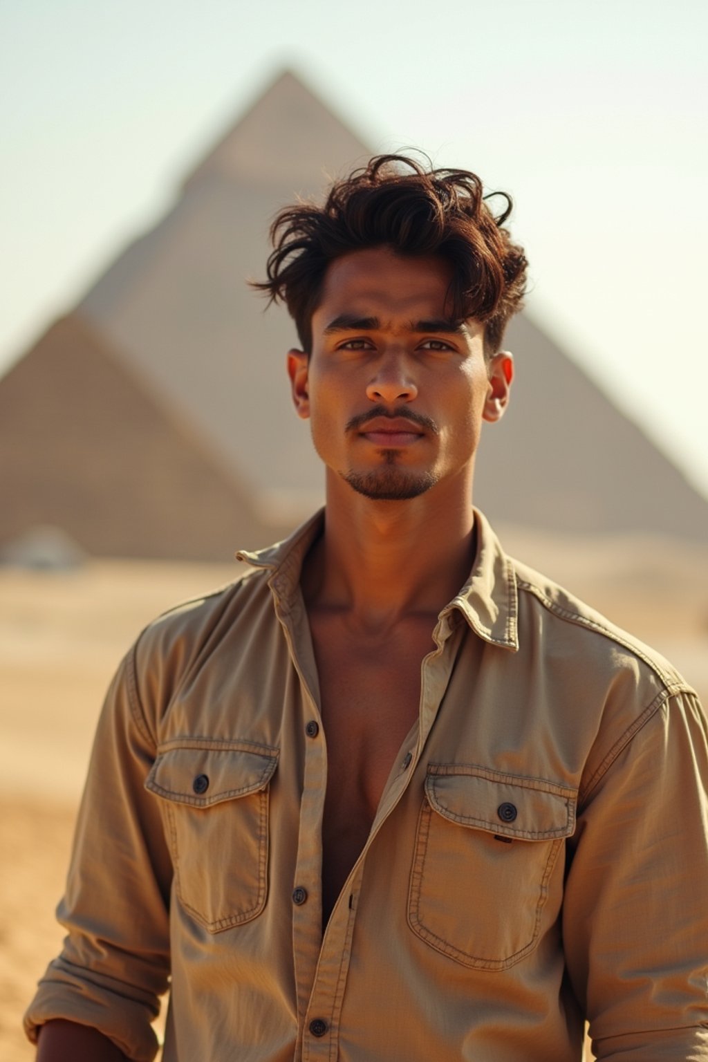 man in Cairo with the Pyramids of Giza in the background