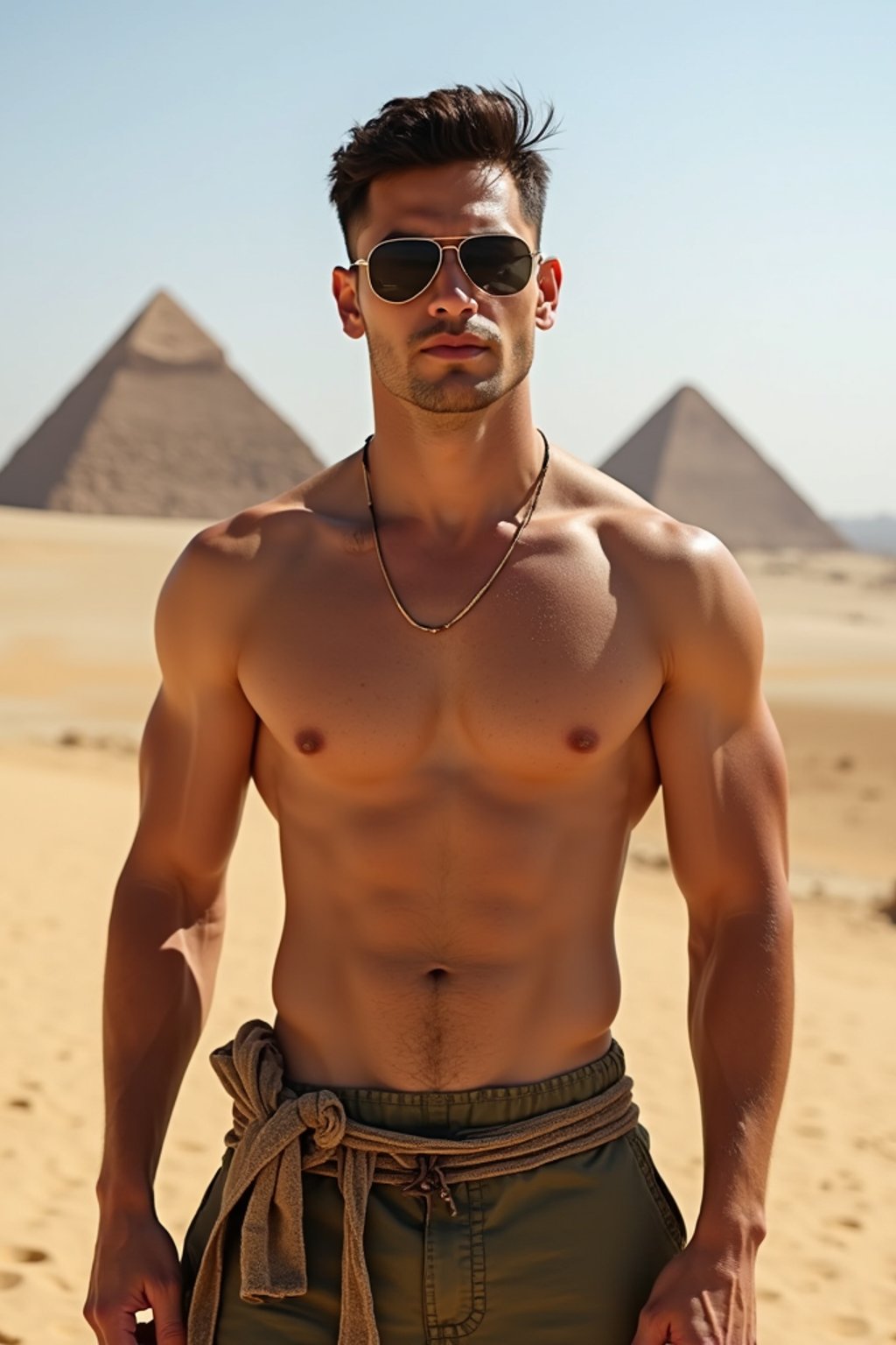 man in Cairo with the Pyramids of Giza in the background