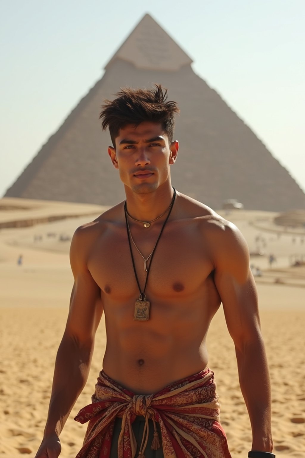 man in Cairo with the Pyramids of Giza in the background