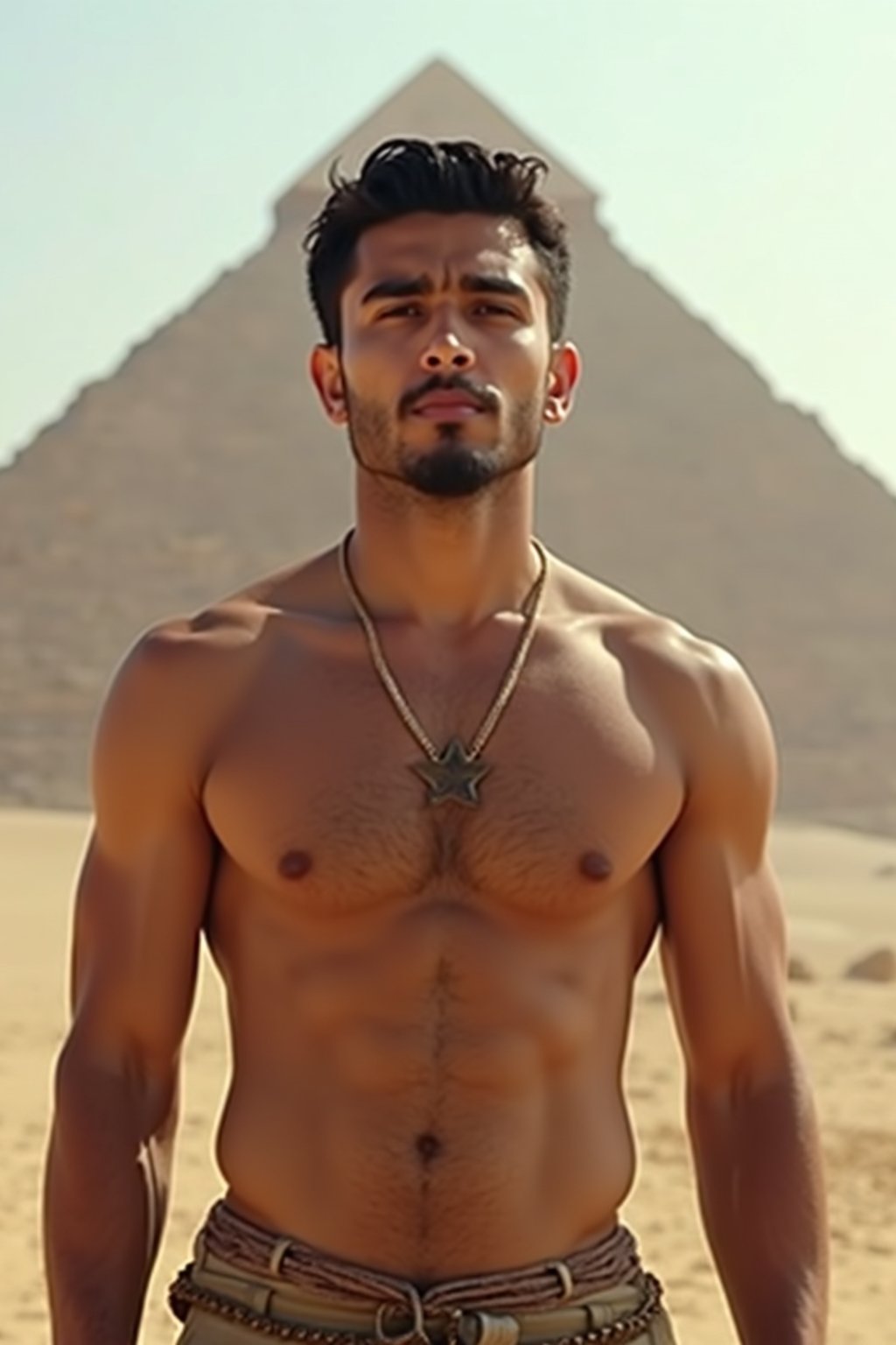 man in Cairo with the Pyramids of Giza in the background