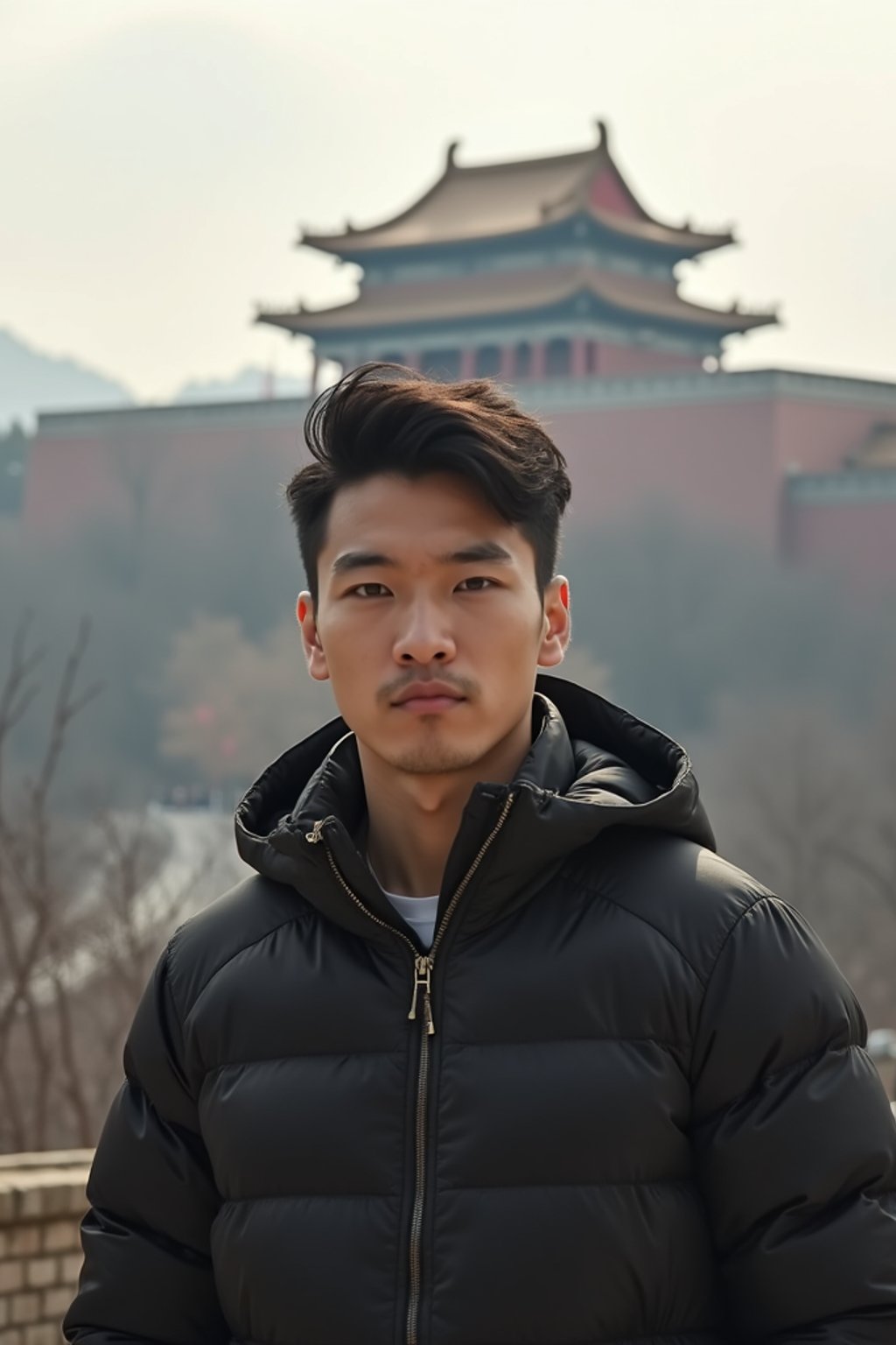 man in Beijing with the Great Wall in the background