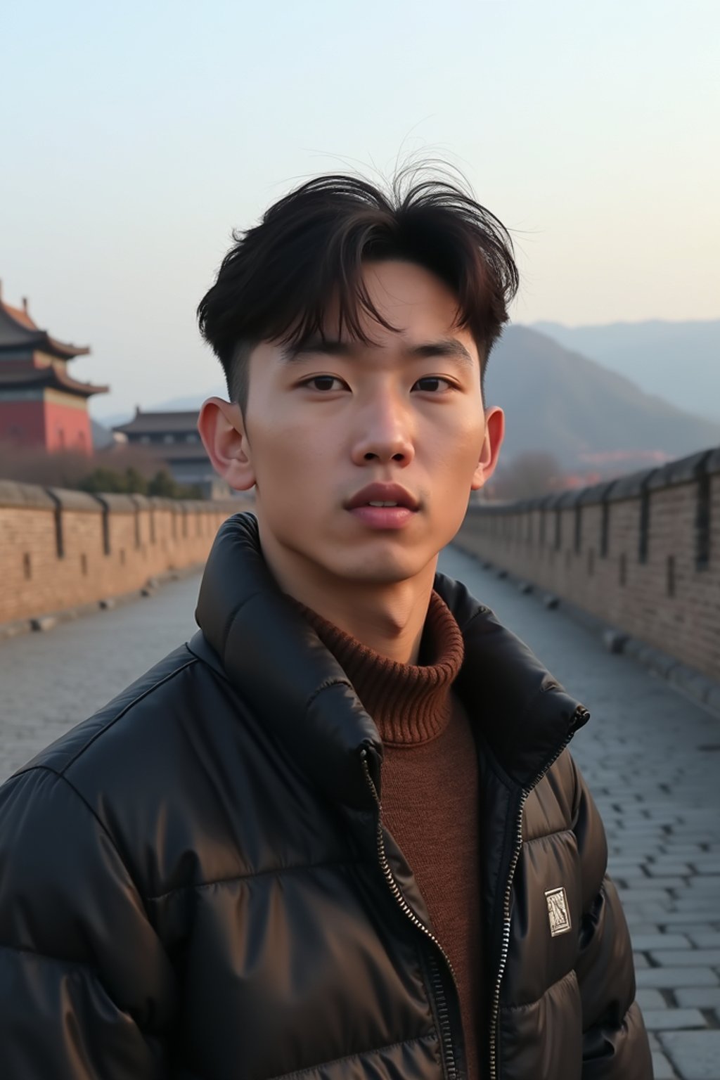 man in Beijing with the Great Wall in the background