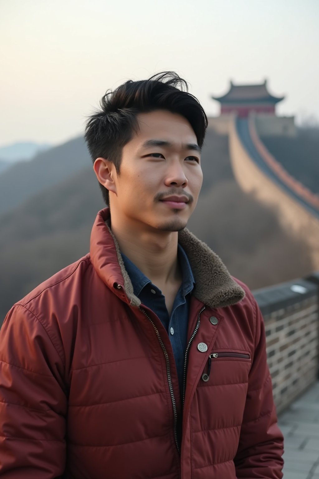 man in Beijing with the Great Wall in the background