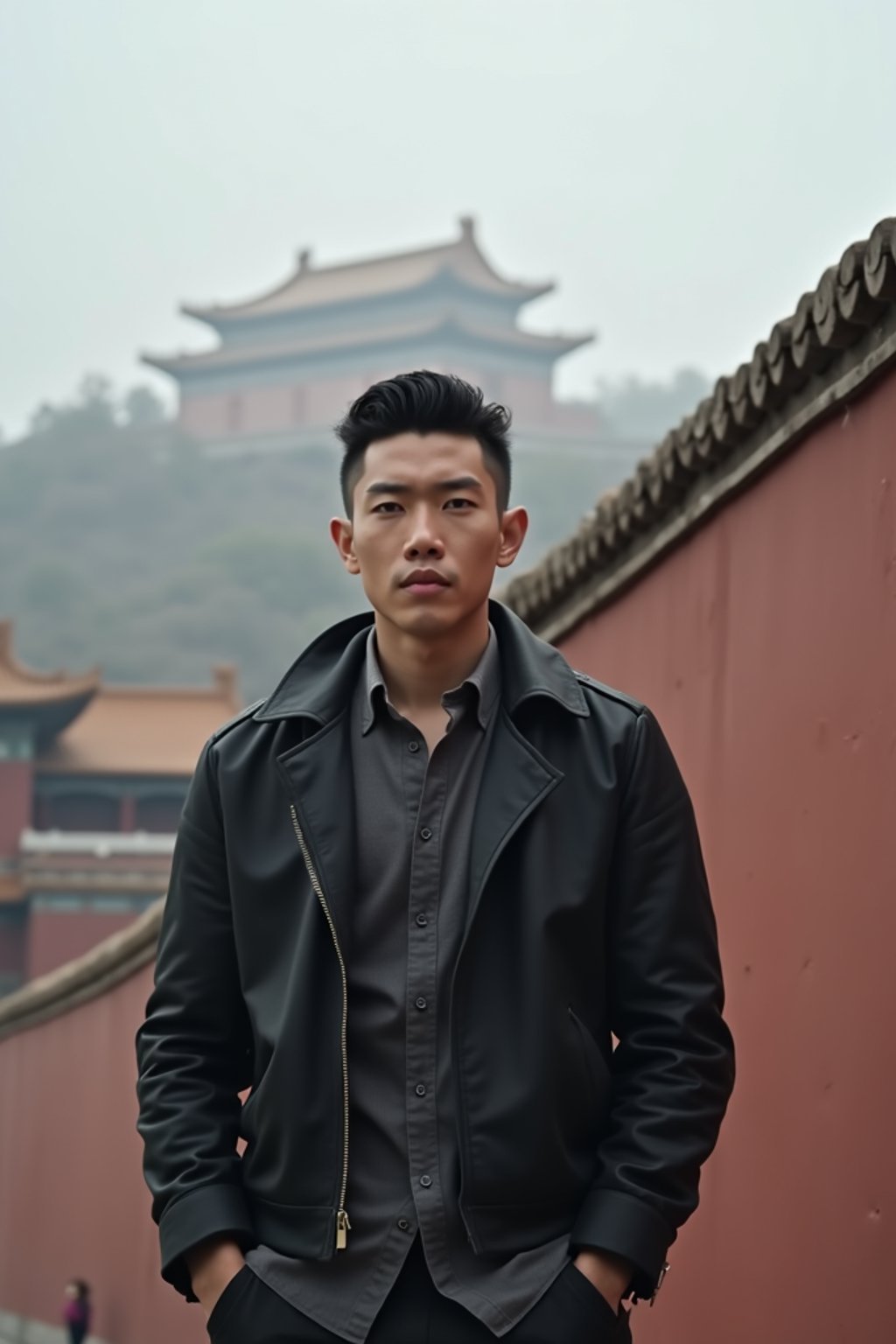 man in Beijing with the Great Wall in the background