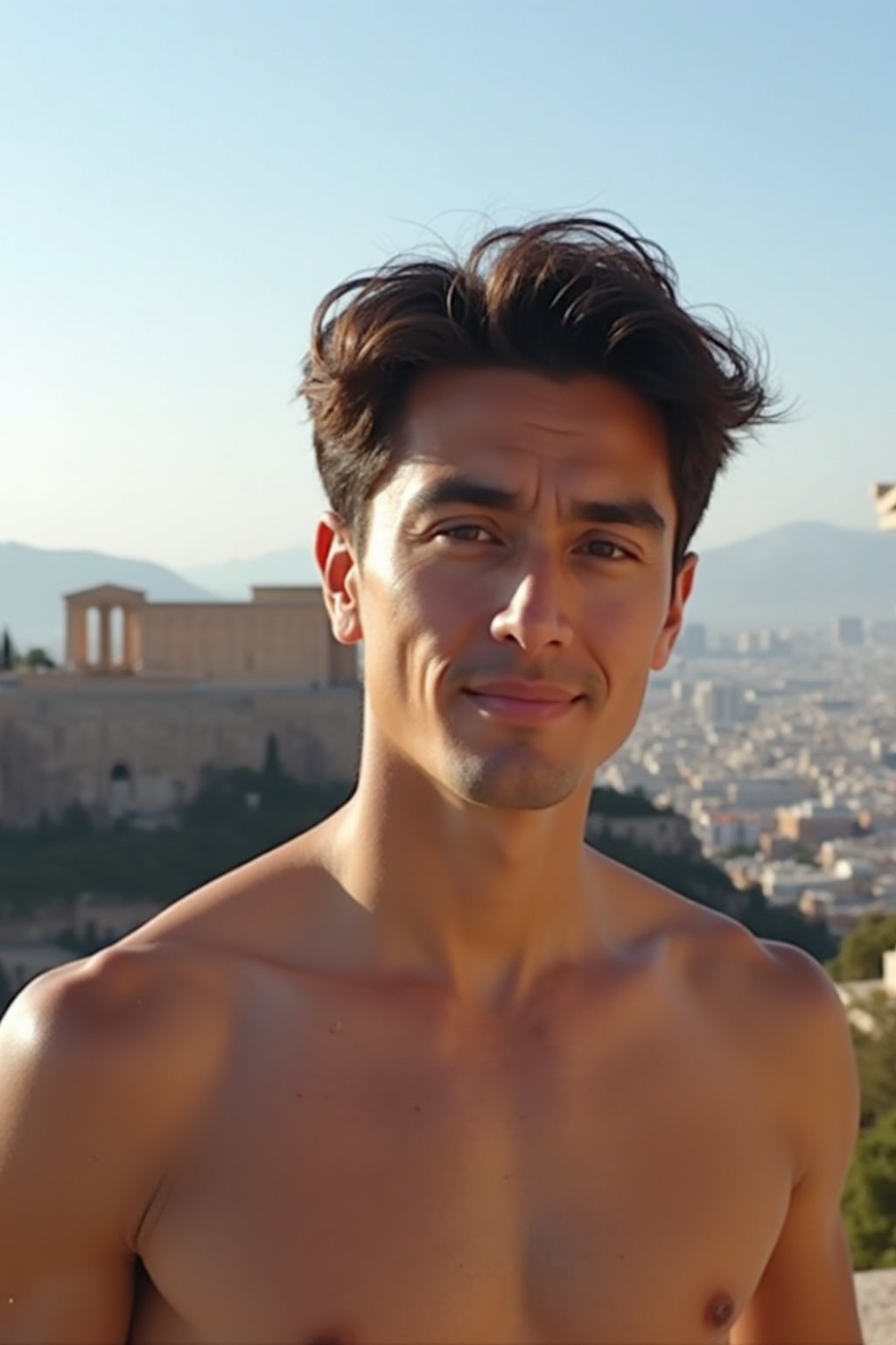 man in Athens with the Acropolis in the background