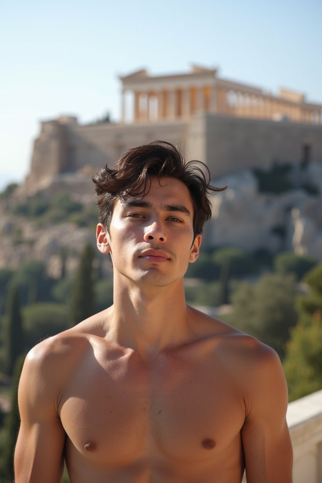 man in Athens with the Acropolis in the background