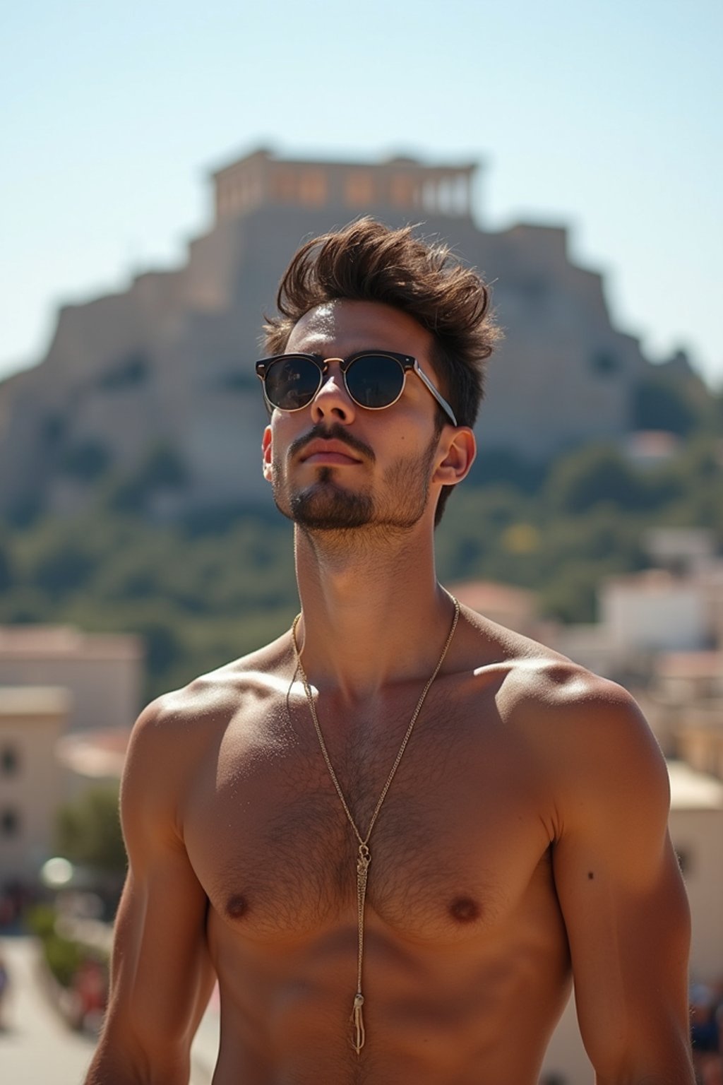 man in Athens with the Acropolis in the background