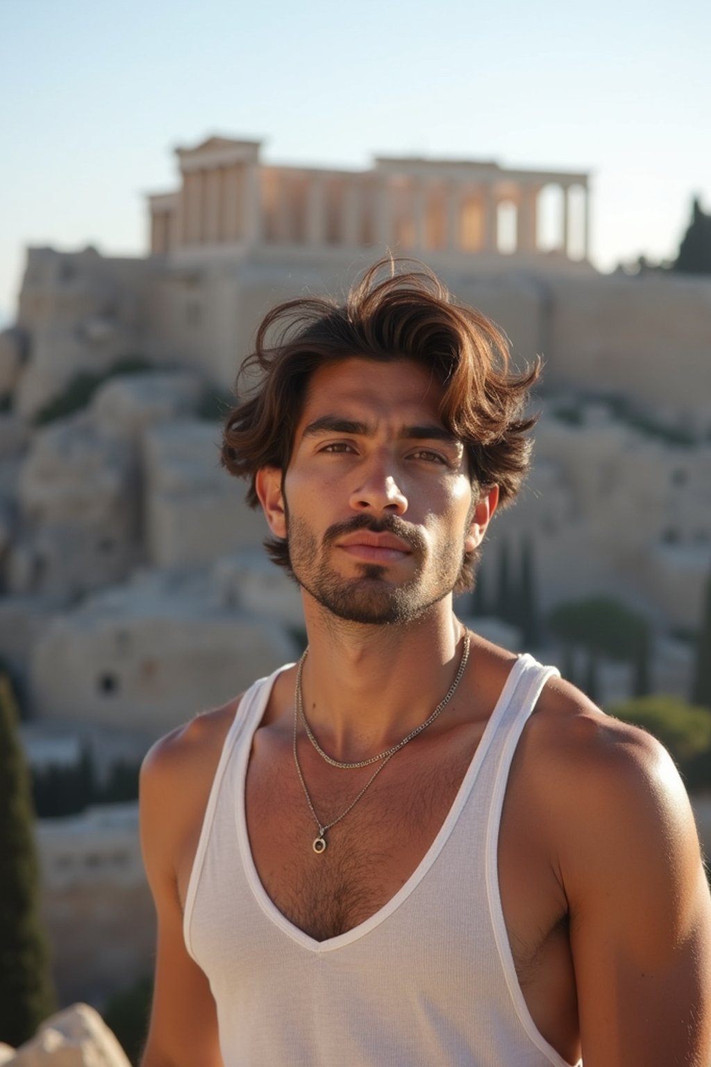 man in Athens with the Acropolis in the background