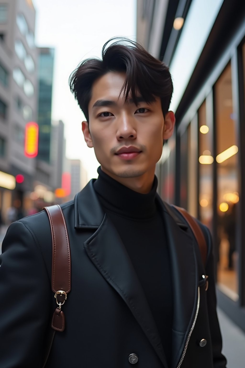 man in Seoul in Gangnam in Cheongdamdong Luxury Shopping street. stores visible in background