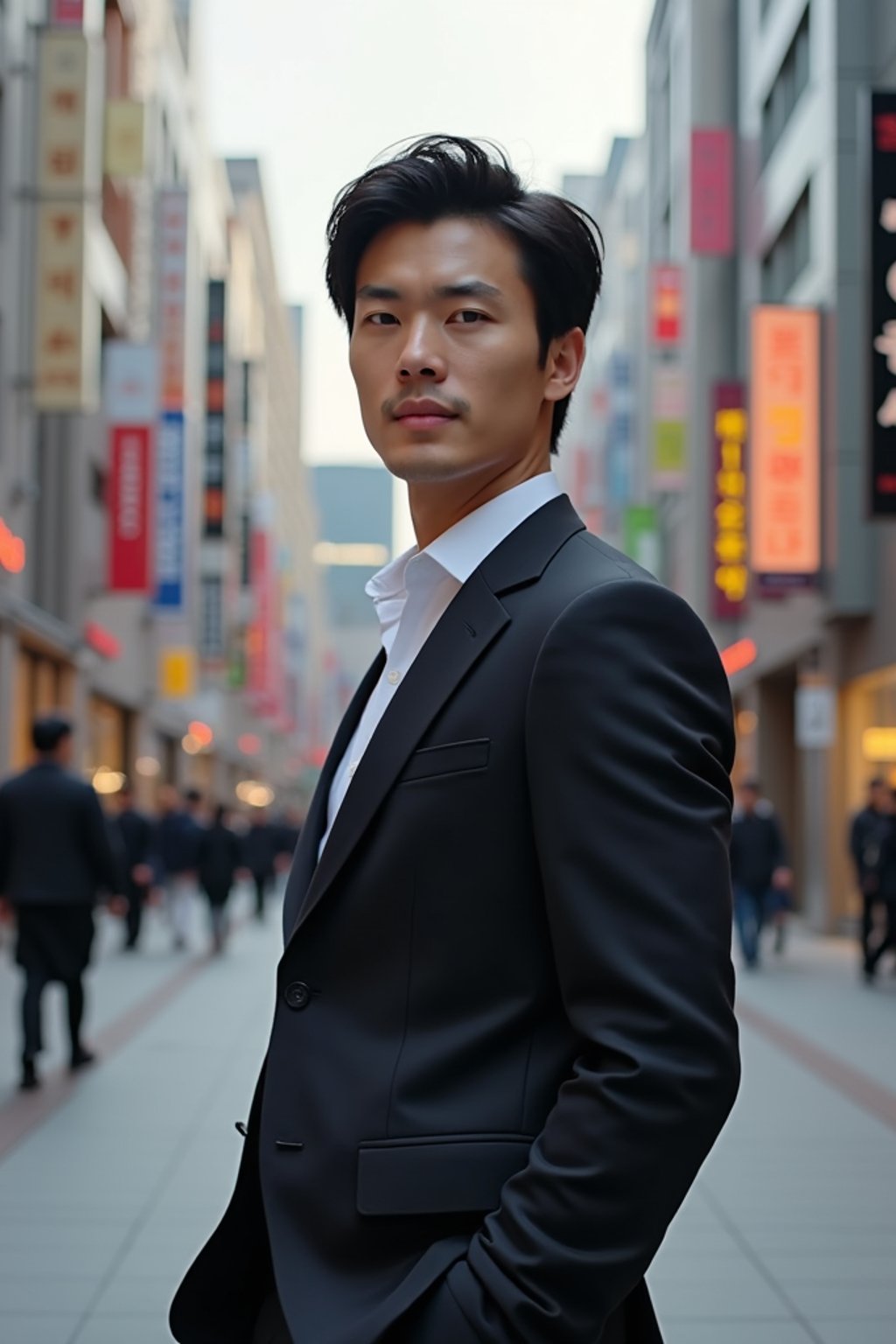 man in Seoul in Gangnam in Cheongdamdong Luxury Shopping street. stores visible in background