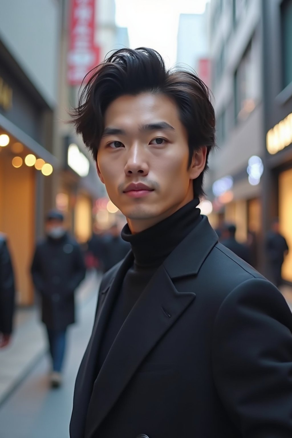 man in Seoul in Gangnam in Cheongdamdong Luxury Shopping street. stores visible in background