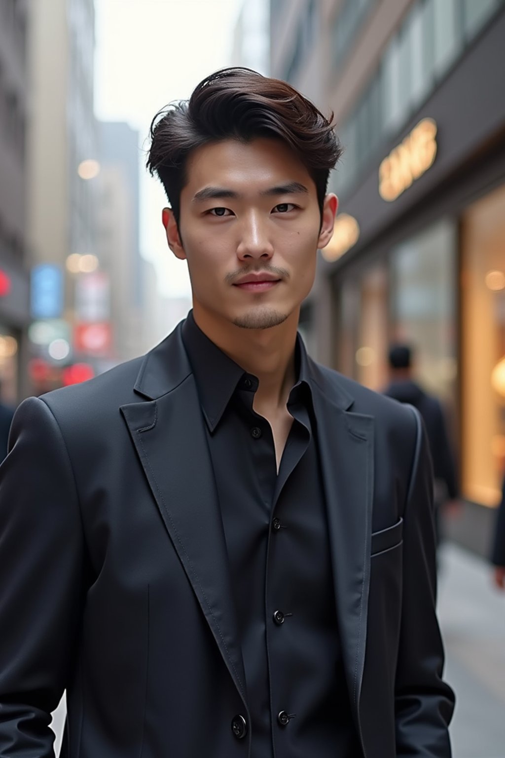 man in Seoul in Gangnam in Cheongdamdong Luxury Shopping street. stores visible in background