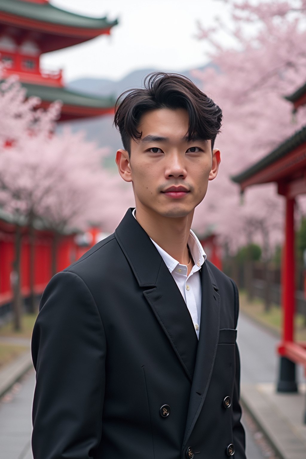 man in Japan with Japanese Cherry Blossom Trees and Japanese temples in background