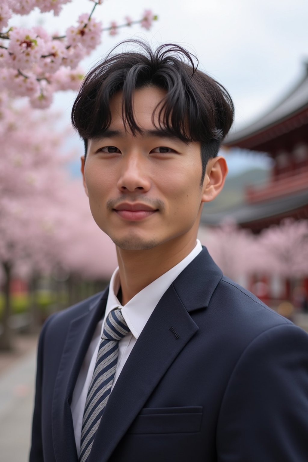 man in Japan with Japanese Cherry Blossom Trees and Japanese temples in background