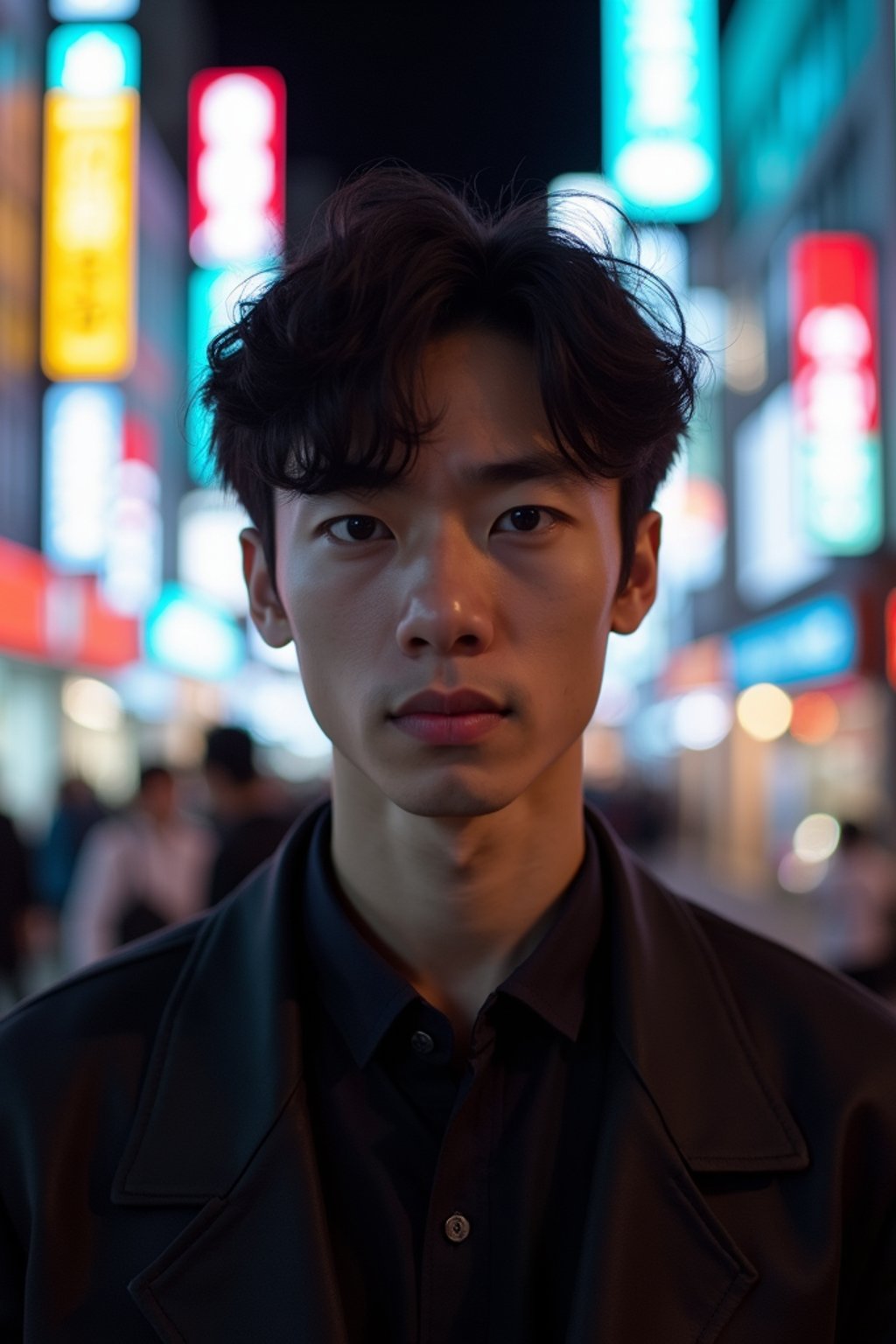 man in Tokyo at night with neon lights