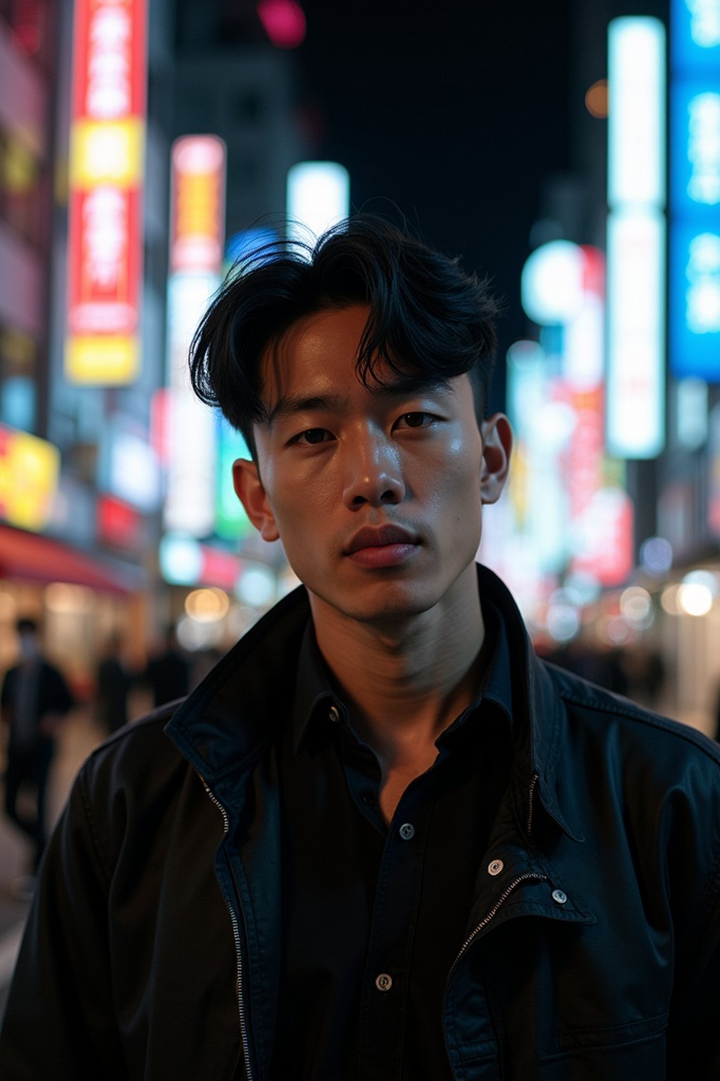 man in Tokyo at night with neon lights