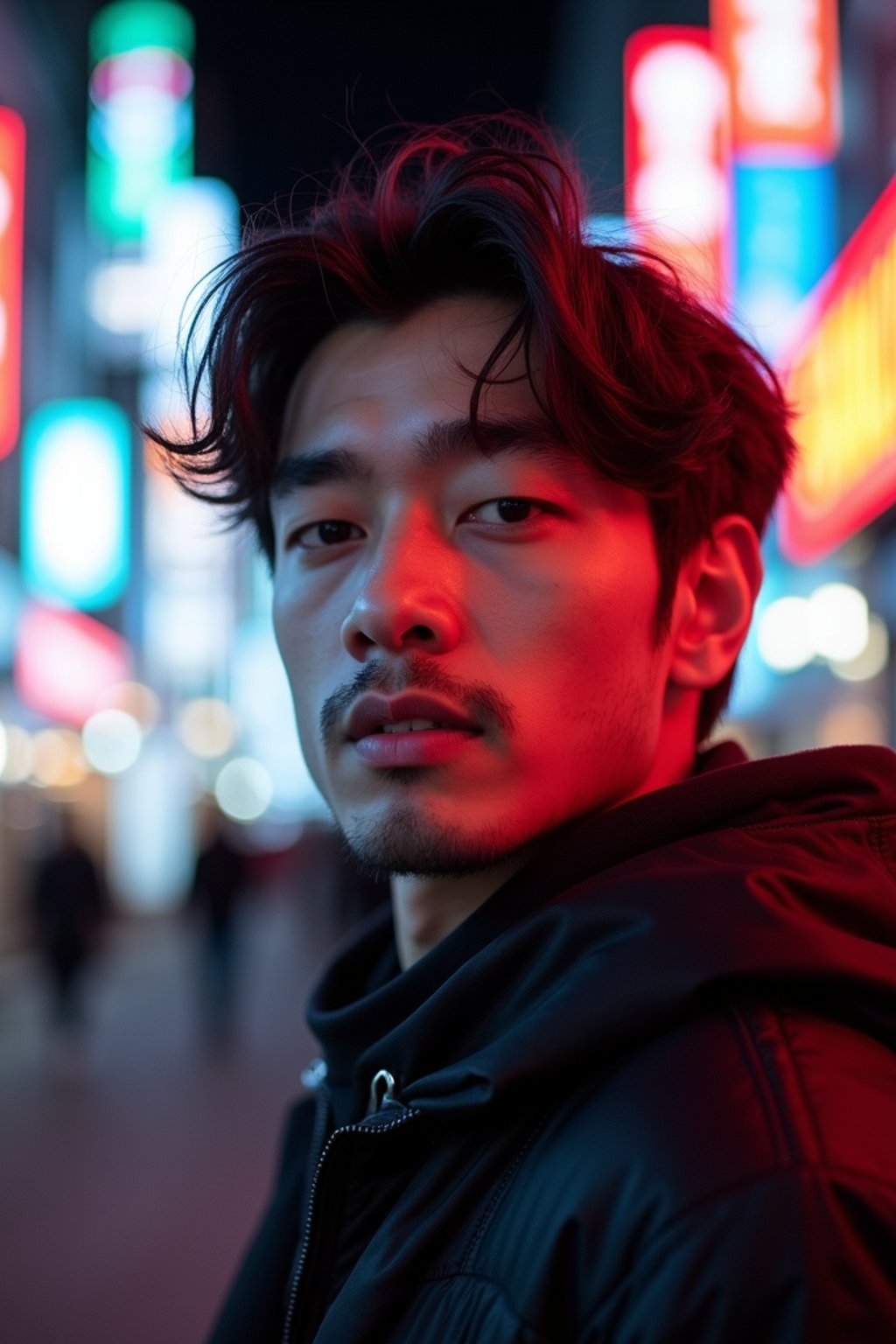 man in Tokyo at night with neon lights