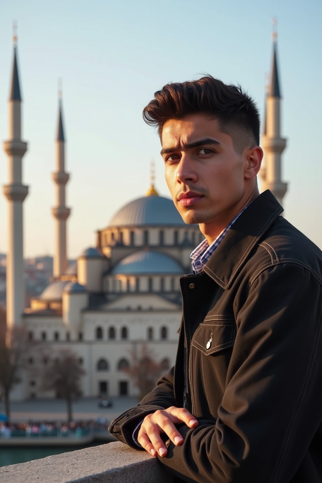 man in Istanbul with The Mosque in background