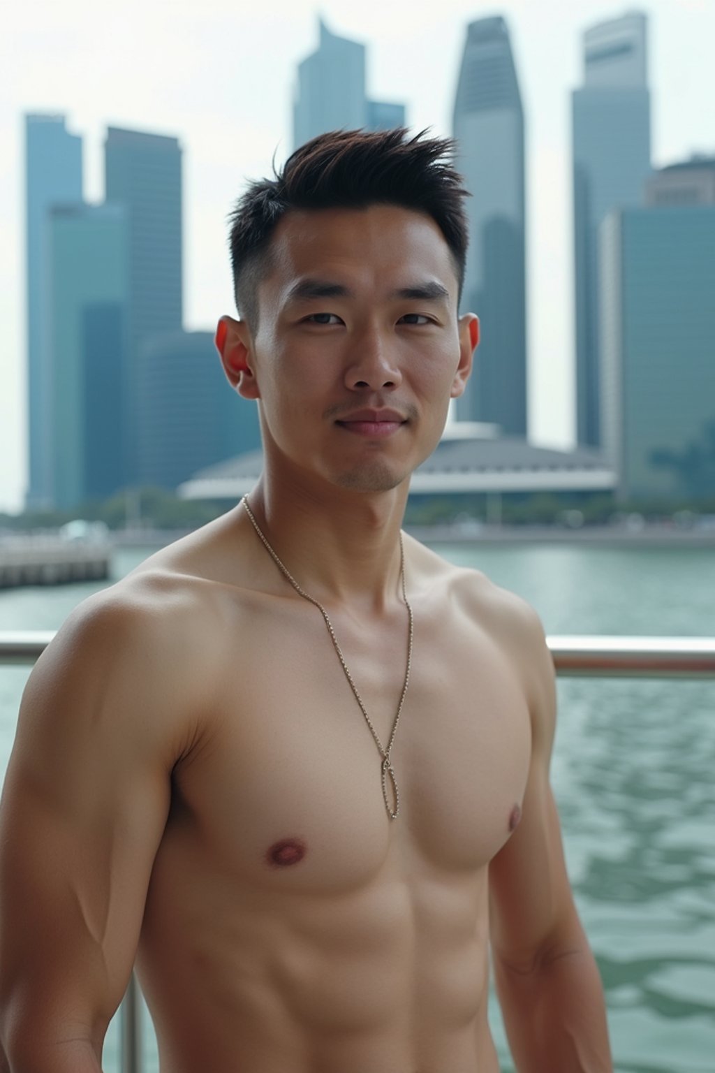 man in Singapore with Marina Bay Sands in background