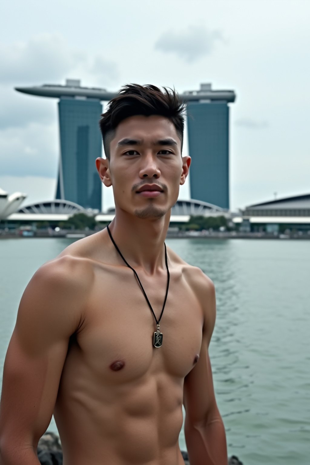 man in Singapore with Marina Bay Sands in background