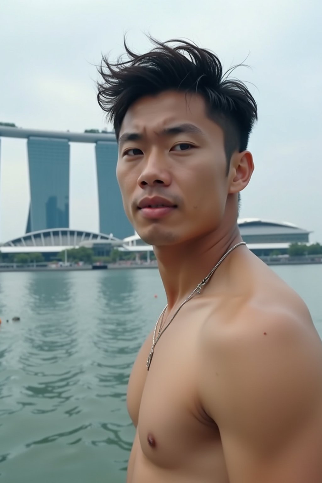 man in Singapore with Marina Bay Sands in background