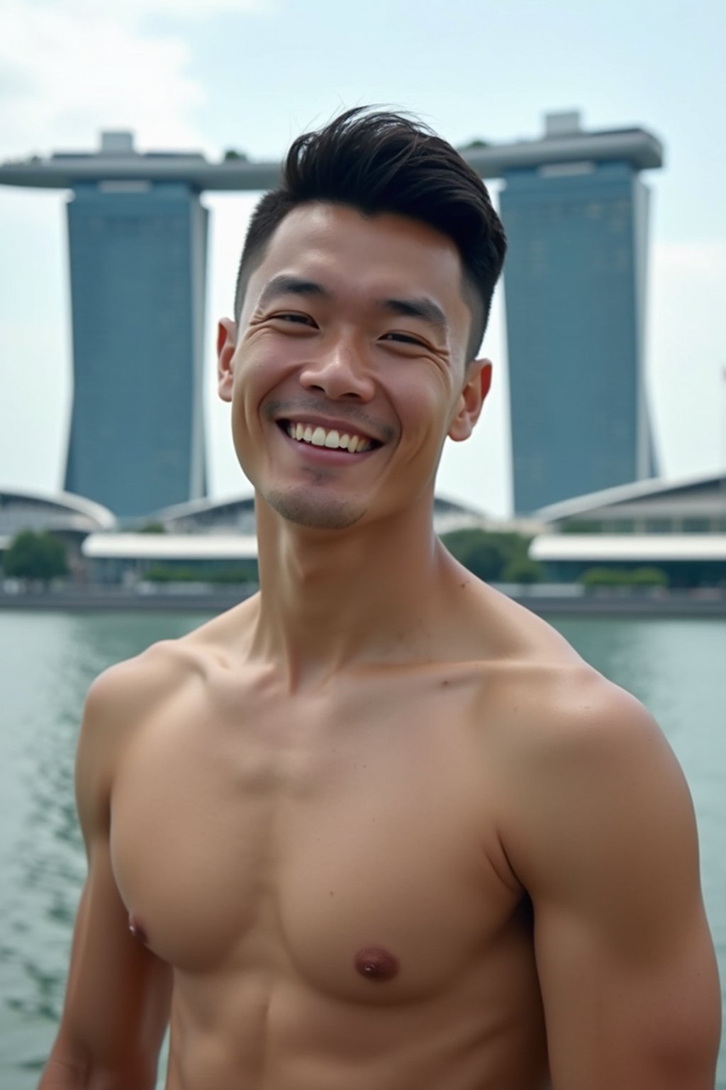 man in Singapore with Marina Bay Sands in background