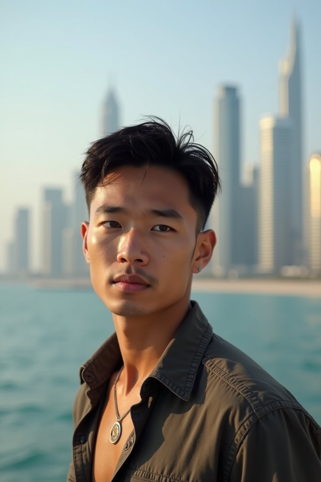 man in Dubai with skyline in background