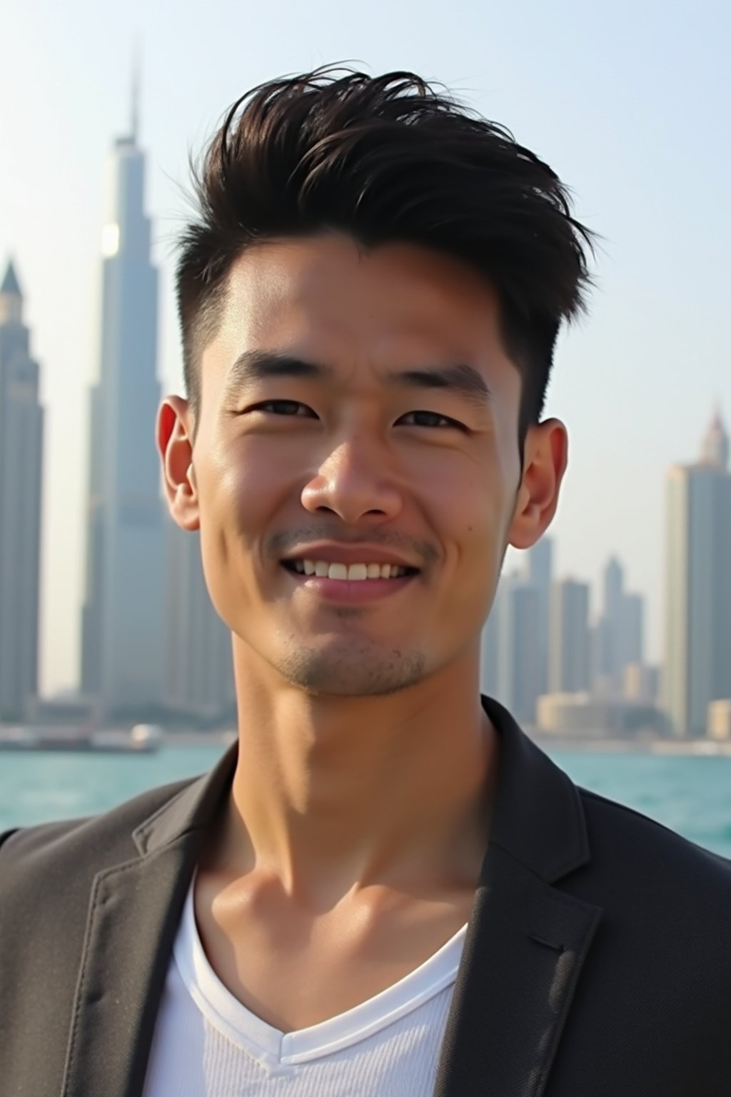 man in Dubai with skyline in background