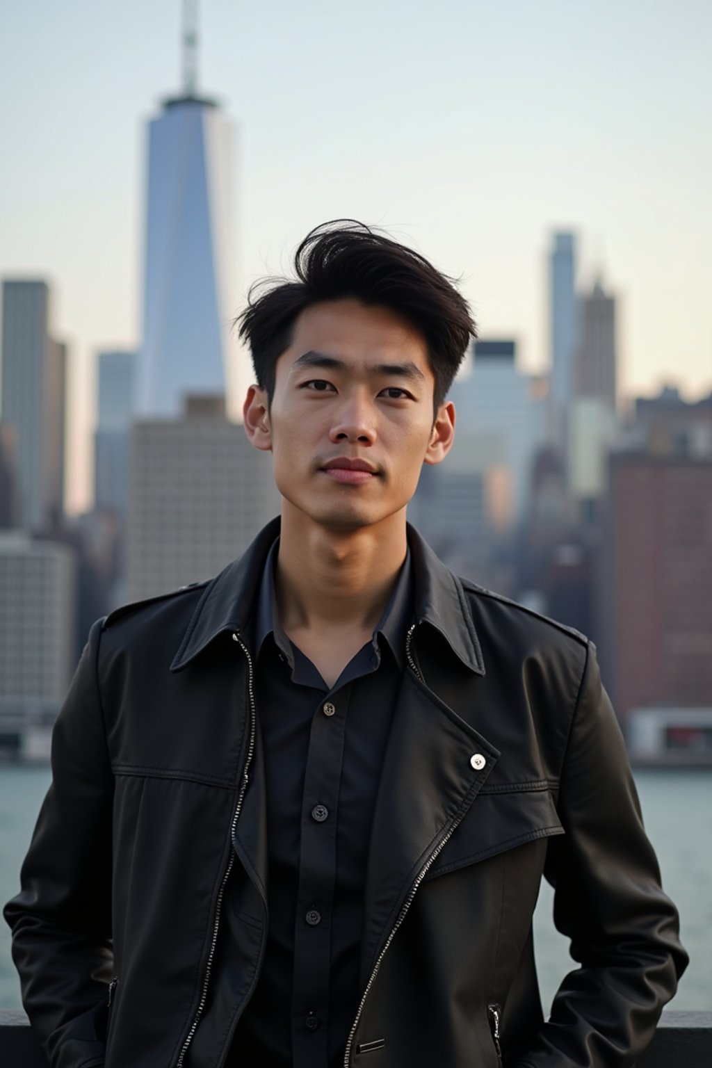 man in New York City with Manhattan in background