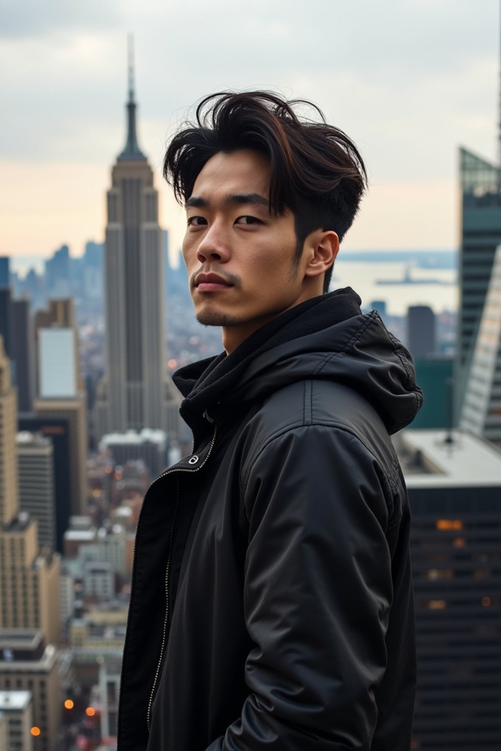 man in New York City with Manhattan in background