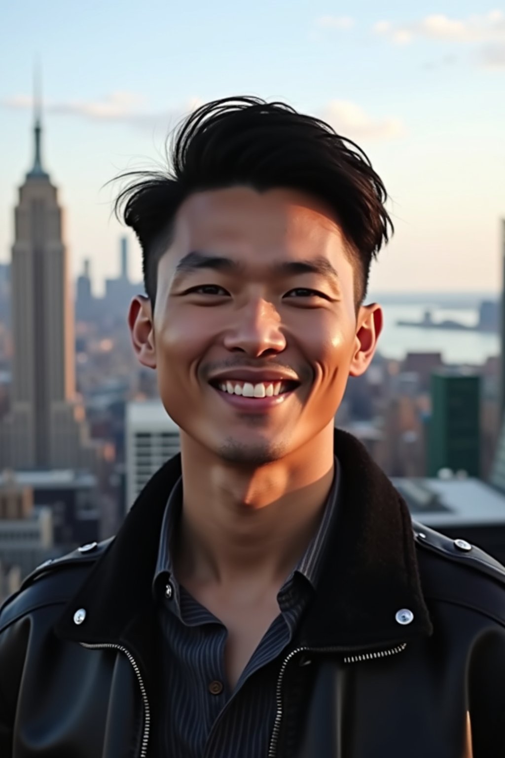 man in New York City with Manhattan in background