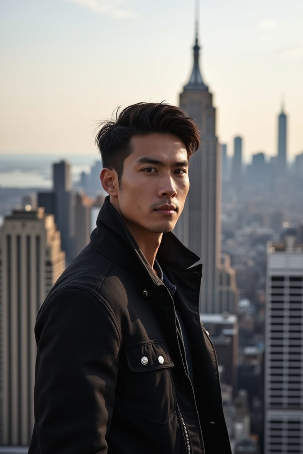 man in New York City with Manhattan in background