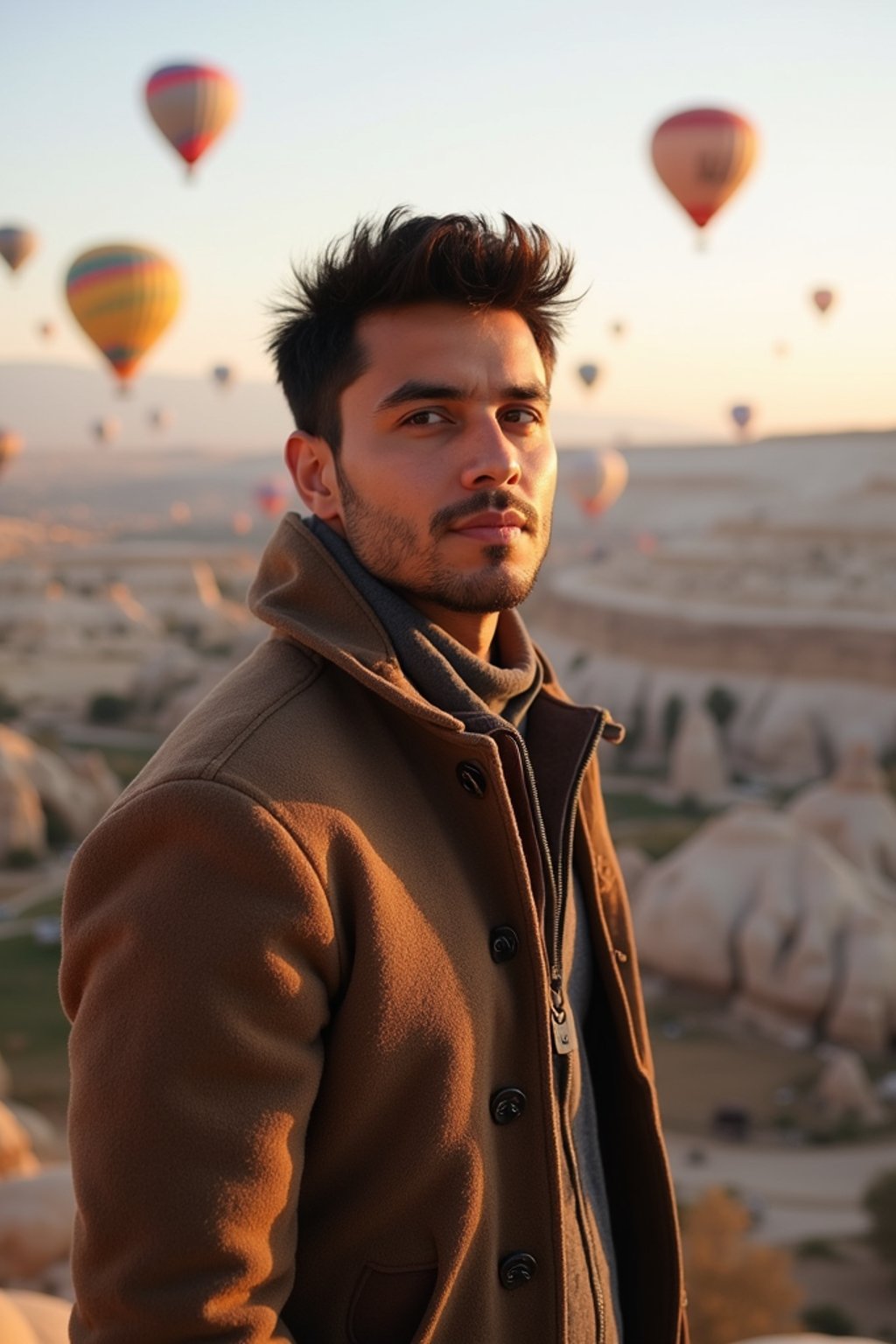 Breathtakingly man with hot air balloons in the background in cappadocia, Türkiye. Cappadocia, Turkey